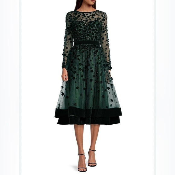 Mac Duggal Embellished Illusion High Neck Long Sleeve Fit & Flare Dress size XL - Picture 1 of 9